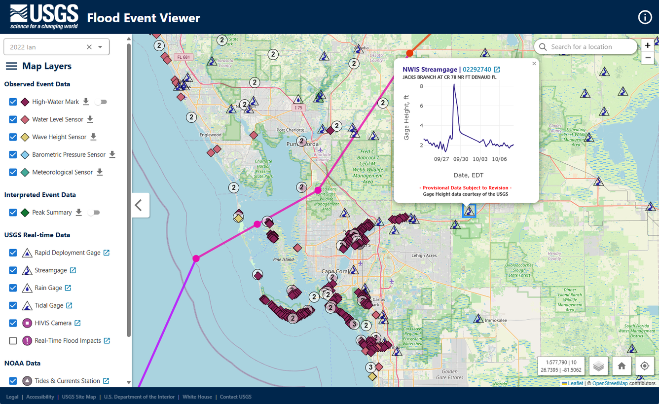 Screenshot showing a variety of data collection locations, including a streamgage hydrograph, during Hurricane Ian