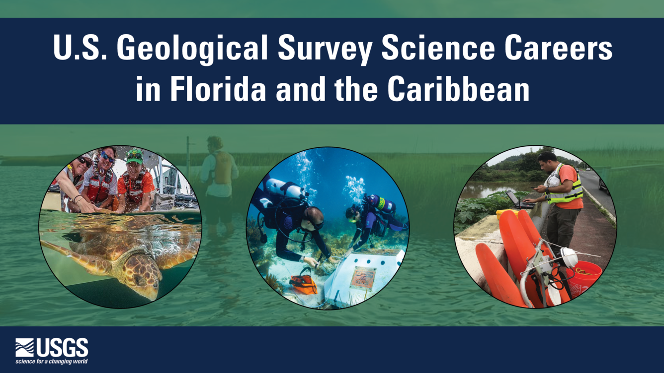 Title slide. Text: USGS Science Careers in FL and Caribbean. Images of various scientists in the field