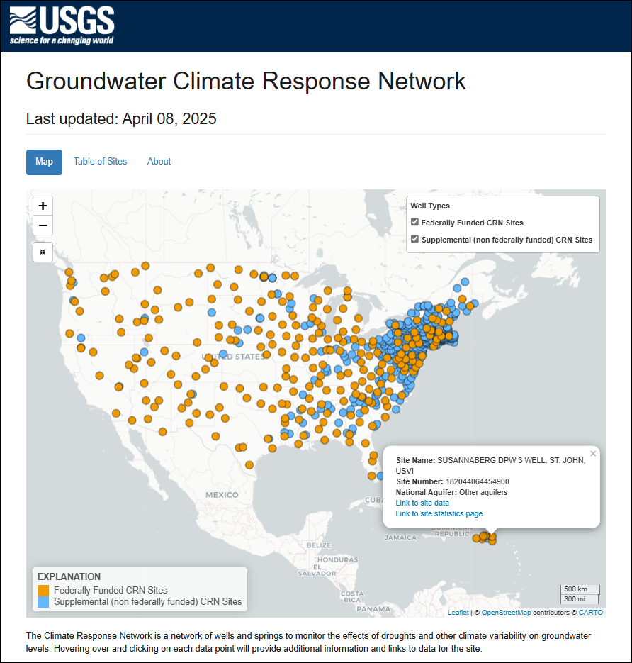 Screenshot of the Groundwater Climate Response Network Mapper with a site selected displaying a pop-up with more site info