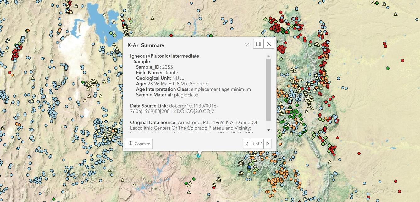 screengrab from the USGS Geochron Database Explorer interactive map