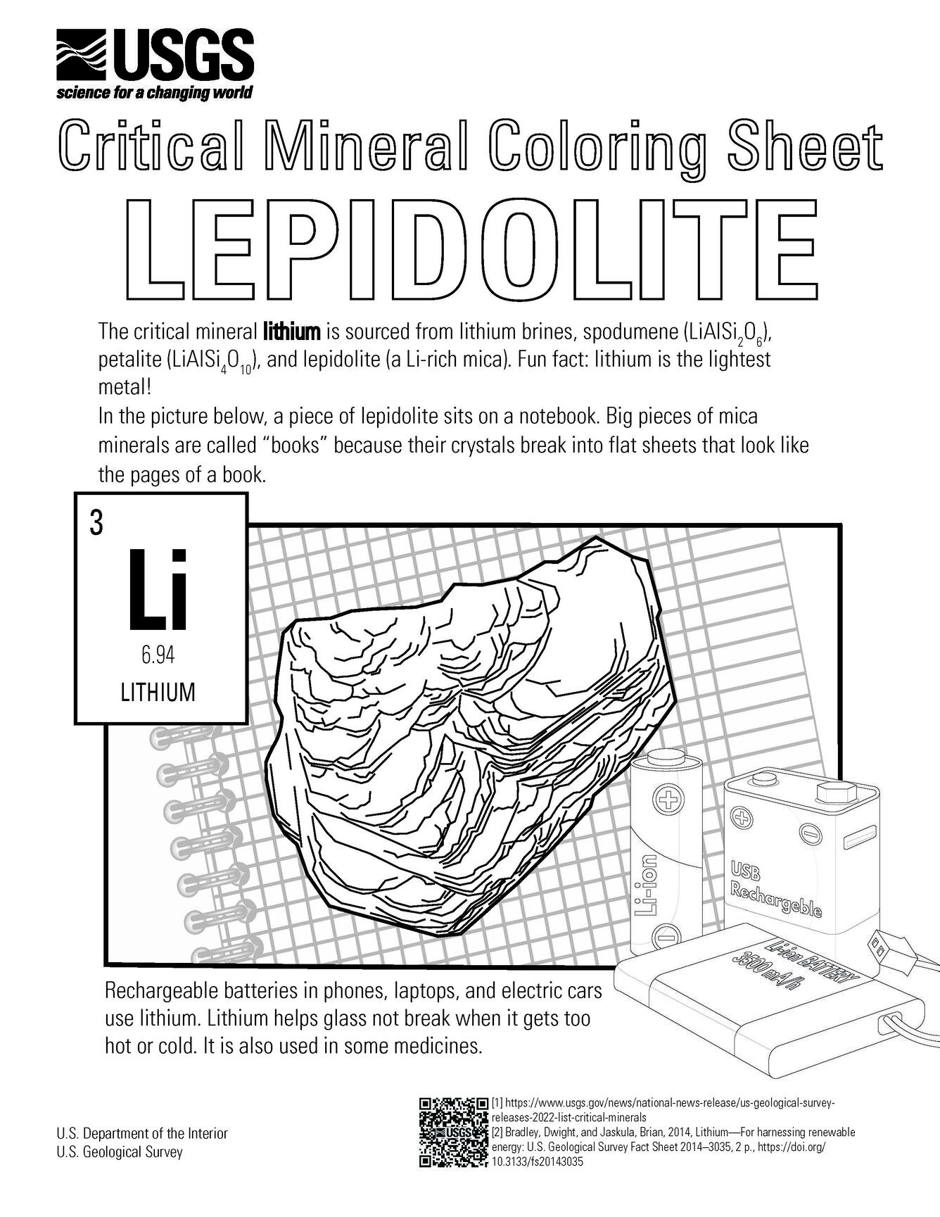 Coloring sheet for the mineral lepidolite and the use of lithium in rechargeable batteries.