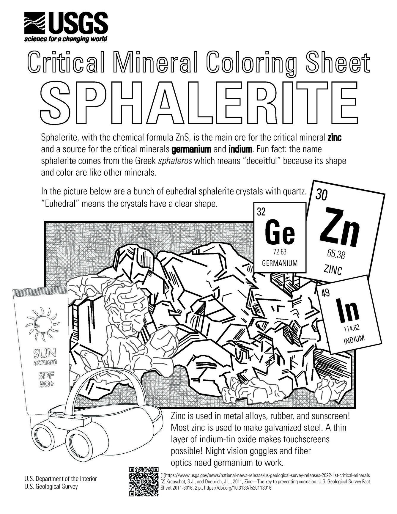 Coloring page featuring sphalerite and the uses for zinc, germanium and indium.