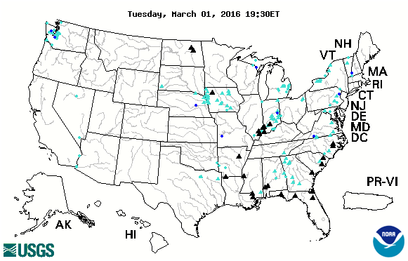 Map of the U.S. showing an animation of high-flow and flood conditions from March 1 through 31, 2016.