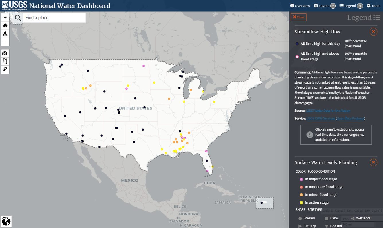 screenshot of the National Water Dashboard showing USGS streamgages that are experiencing high-flow or flooding