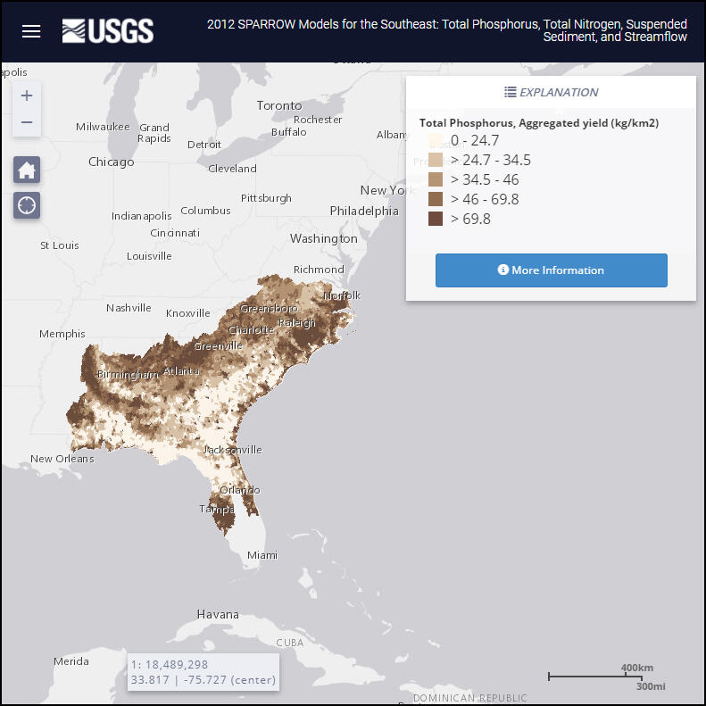 Screenshot of modeled 2012 total phosphorus by watershed in the Southeast U.S.