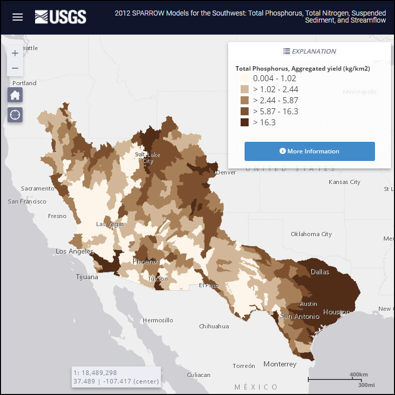 Screenshot of modeled 2012 total phosphorus by watershed in the Southwest U.S.