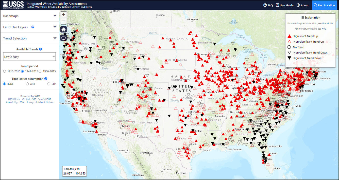Screenshot showing national lowest annual 7-day average streamflow trends from 1941-2015