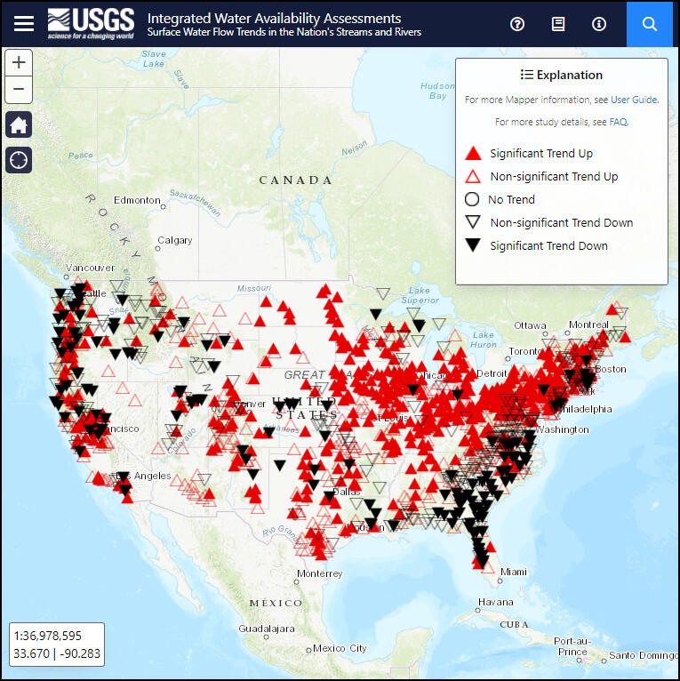 Screenshot showing national lowest annual 7-day average streamflow trends from 1941-2015