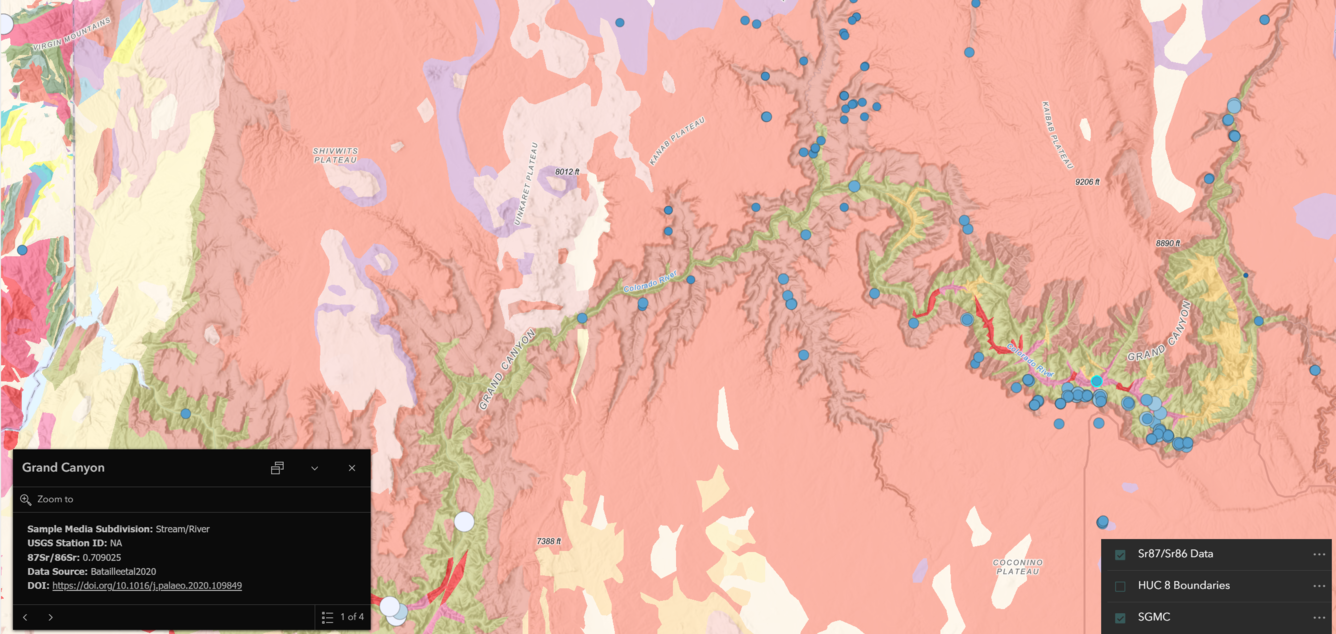 Screenshot of web map application showing data points around the Grand Canyon
