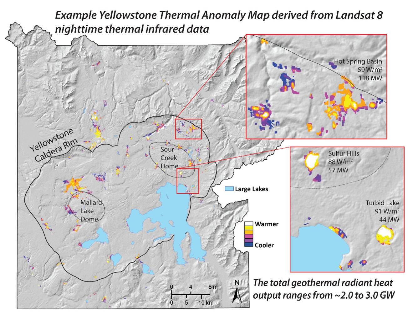 a map of the Yellowstone area overlaid with Landsat 8 thermal signatures