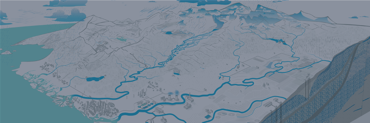 Grayed out illustration of a landscape with various types and sources of water