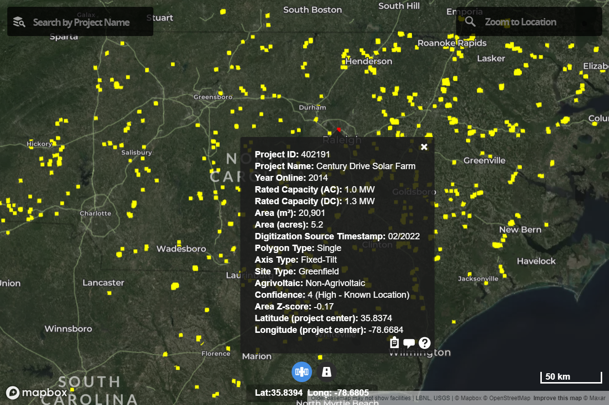 Image shows a detailed view of the solar energy viewer with a pop-up image of the details for an individual solar facility