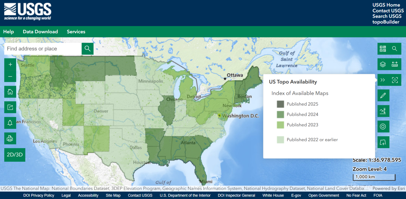 Screen capture of US Topo Availability Service in The National Map Viewer