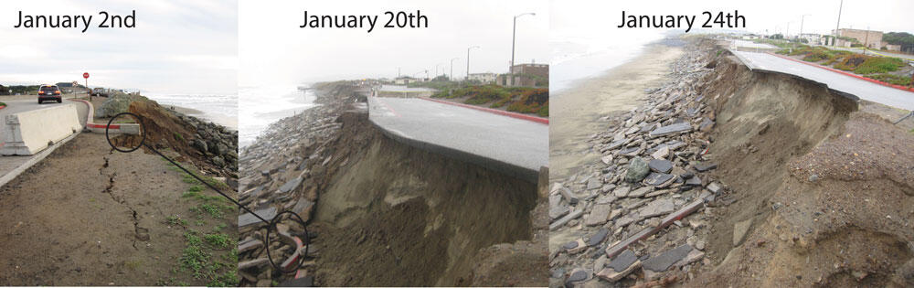 Photos of a section of road near a beach show it rapidly crumbling in a series of photos taken on different dates.