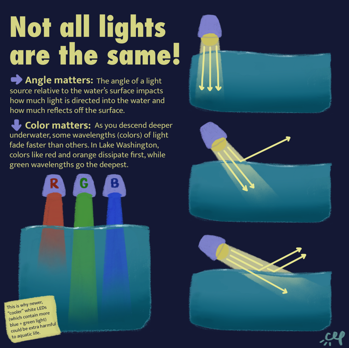 inforgraphic about light in water. Angle and color matter.