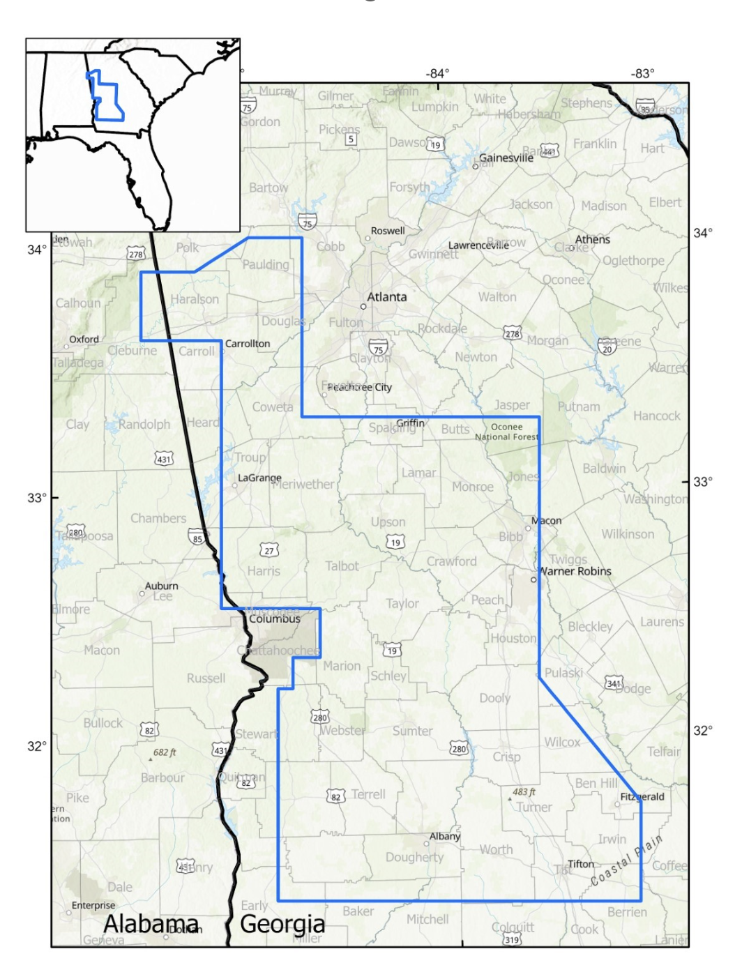 Blue polygon outlines survey area in West Georgia.
