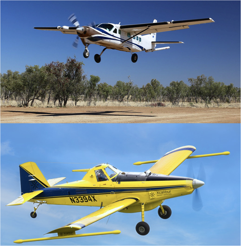 Two propeller planes in flight with metal sensor booms extending.