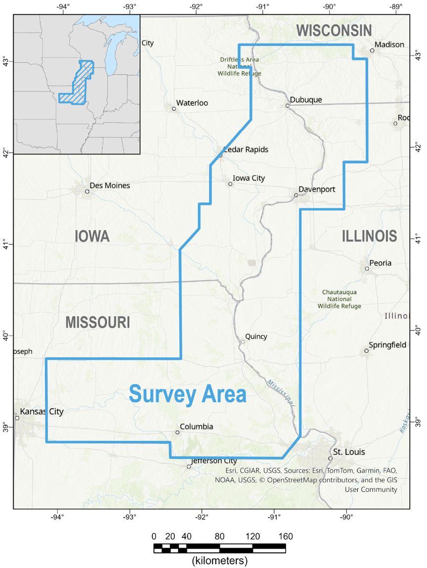Map showing a portion of the Mississippi Valley with a blue outline showing parts of Wisconsin, Illinois, Iowa, and Missouri in the Earth MRI Upper Mississippi Valley survey.