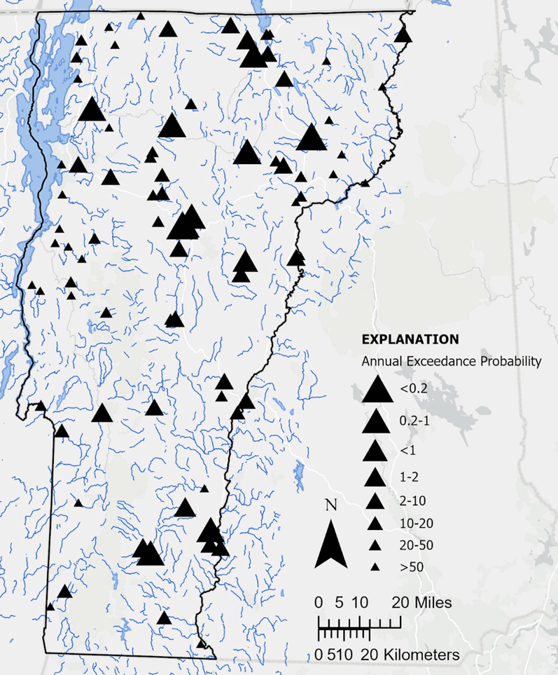 A map of Vermont with black triangles on it.