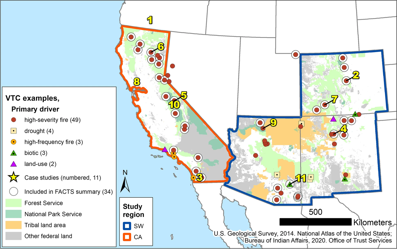 Map showing locations of type conversion case studies in California, Arizona, New Mexico, and Colorado