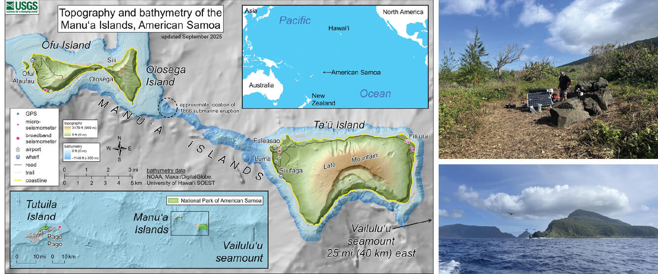 Color graphic with map on left side and two stacked photographs on the right