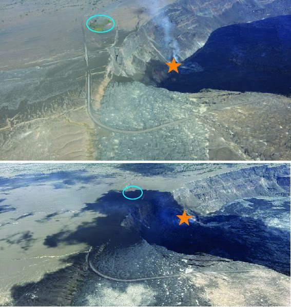 Two color photographs comparing views months apart