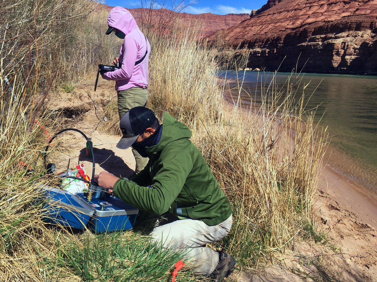 A man and woman collect vegetation data on the bank of the Colorado River in Grand Canyon