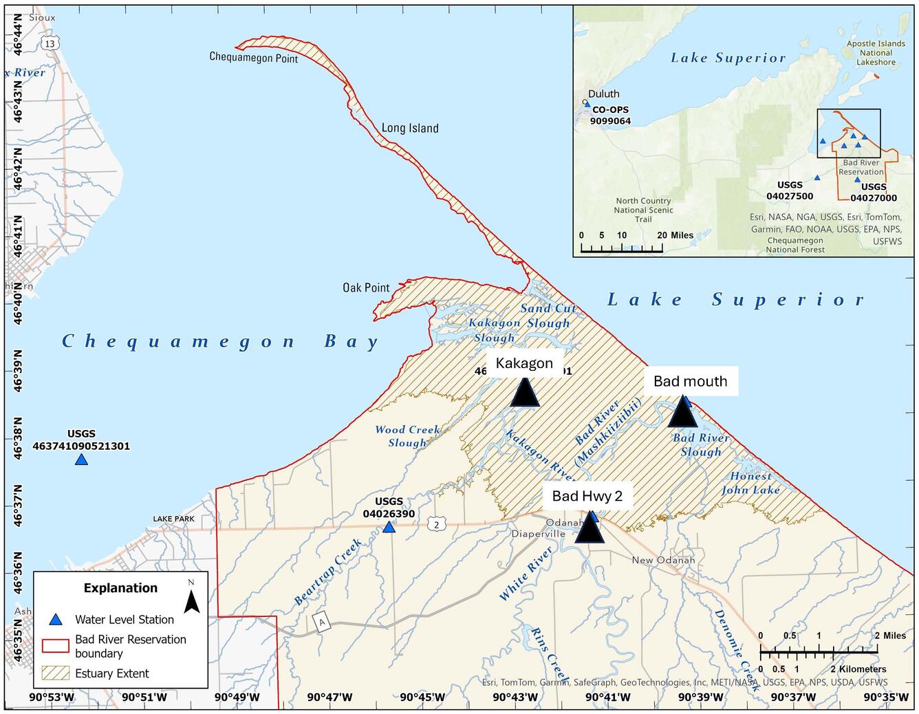 Three velocity gages in Sloughs (Bad River at the mouth, Bad River at Hwy 2, and Kakagon River