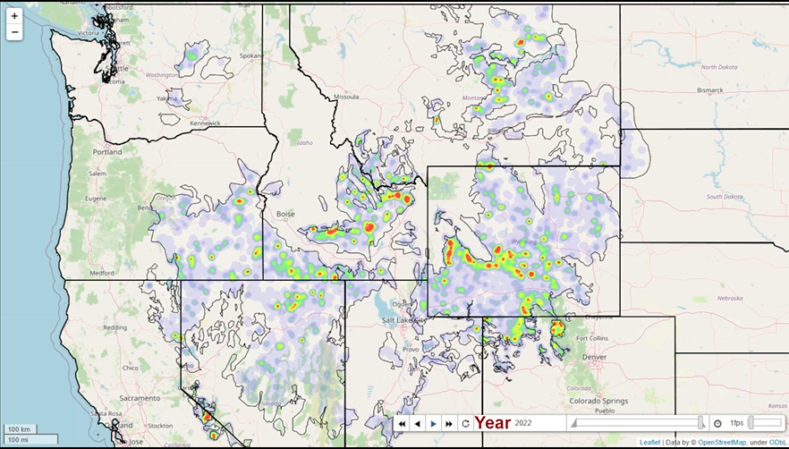 Screen shot from a time-series heat map of greater sage-grouse annual peak male counts