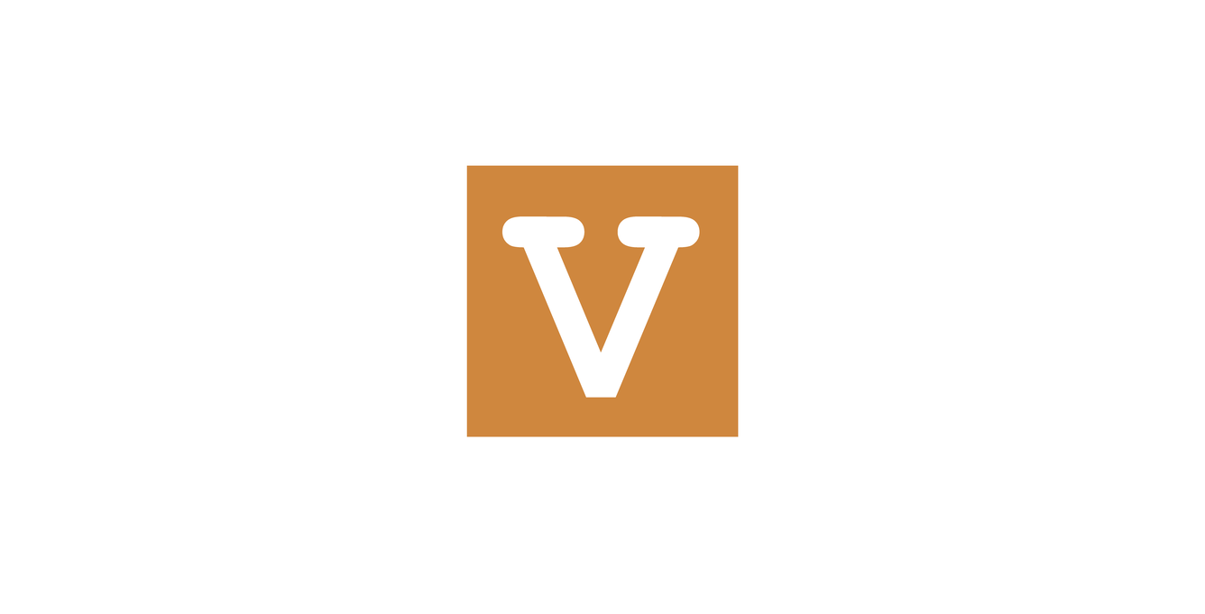 White letter "V" inside a light brown square.