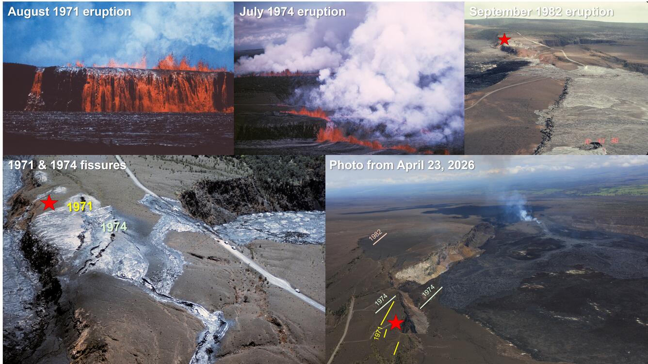 Color collage of five images of different eruptions or lava flow deposits