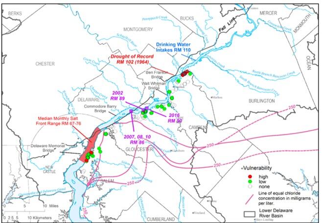 Map of the lower Delaware showing well locations, drinking water intake, and the salt line