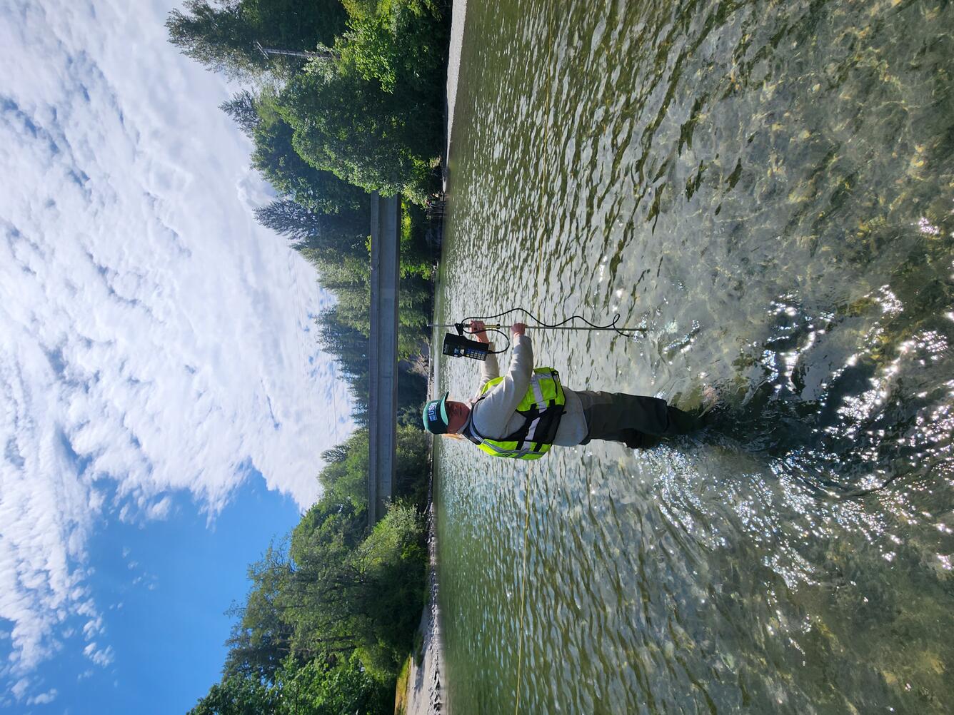 A hydrologic technician takes a measurement in a stream.