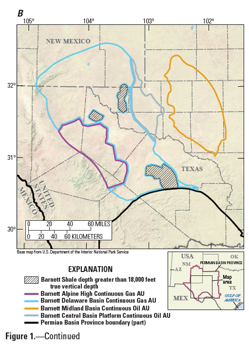 Map of West Texas and eastern New Mexico showing Woodford Shale oil and gas assessment units as colored outlines.