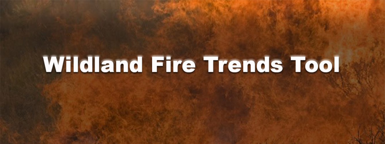 The text reads Wildland Fire Trends Tool over a background of flames