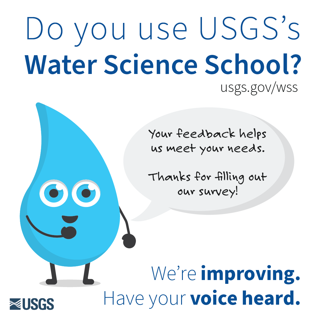 Graphic depicting Water Science School logo asking for customer feedback on Water Science School site.