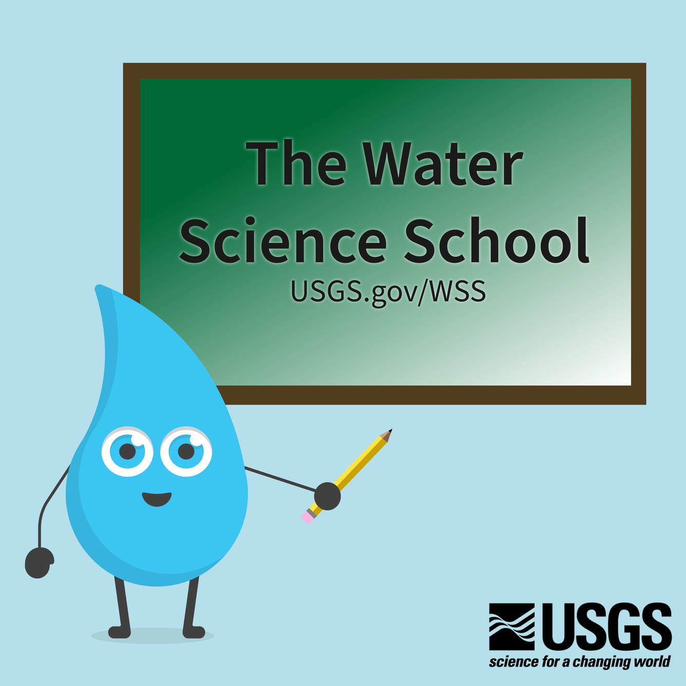 A graphic of Drippy, a raindrop with a smiling face. Drippy holds a pencil and stands in front of a chalk board.