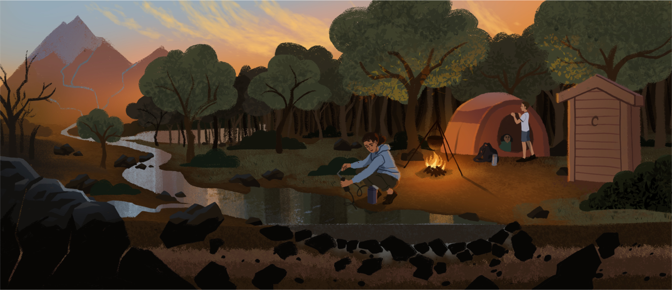 Illustration of forest water environment. Illustration shows a group of three people camping with a forest of trees in the background. A stream coming from a mountain is shown. 