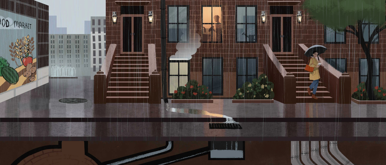 Illustration of an ubran water environment. Illustration shows a brick townhome building during a rainfall. There is a person with an umbrella walking out of one of the townhomes. 
