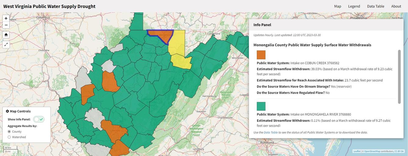 Map of west virginia with each county in either green (no drought), yellow (danger of drought) or orange (dorught likely)