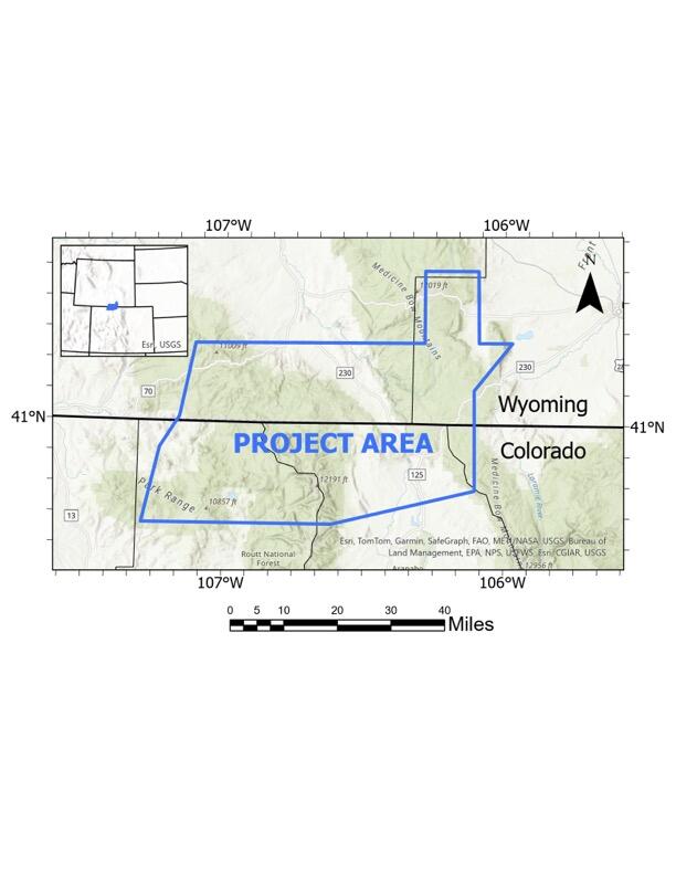 Map of Southern Wyoming and Northern Colorado showing outline in blue of an airborne survey