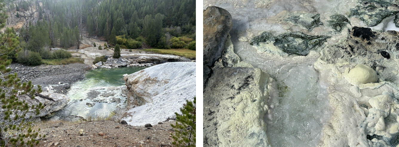 Two photos showing warm springs in a river, one zoomed out to show vegetation, another zoomed in on bubbling water