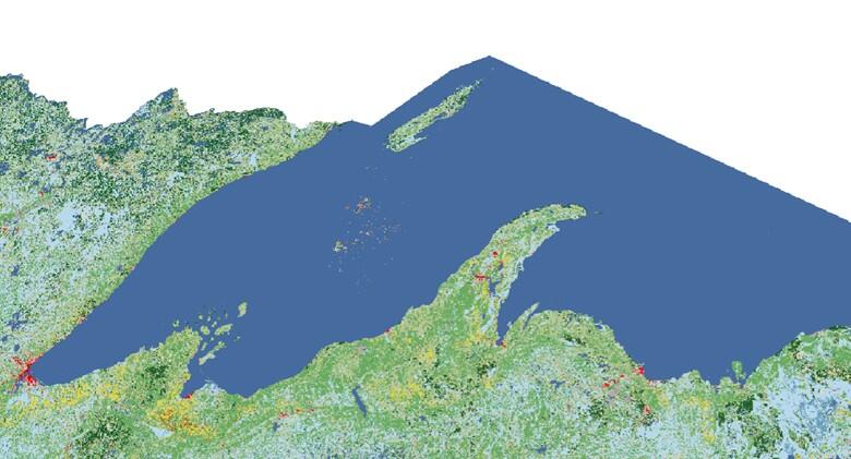 A graphic show a pixelated water body that appears in the Annual NLCD
