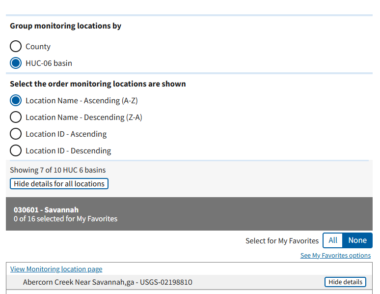 Water Data Grouping and Sorting Options