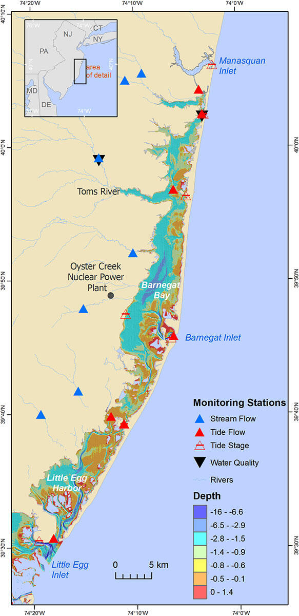 Ilustrated map of a shoreline with symbols drawn on it to show various data points.