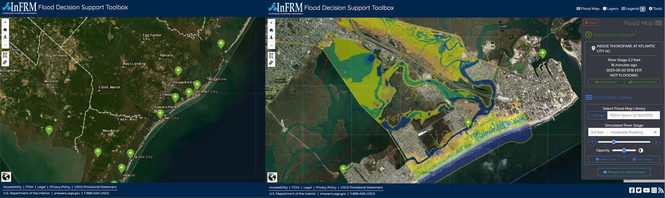 Maps showing USGS tide sites alongside a flood model map