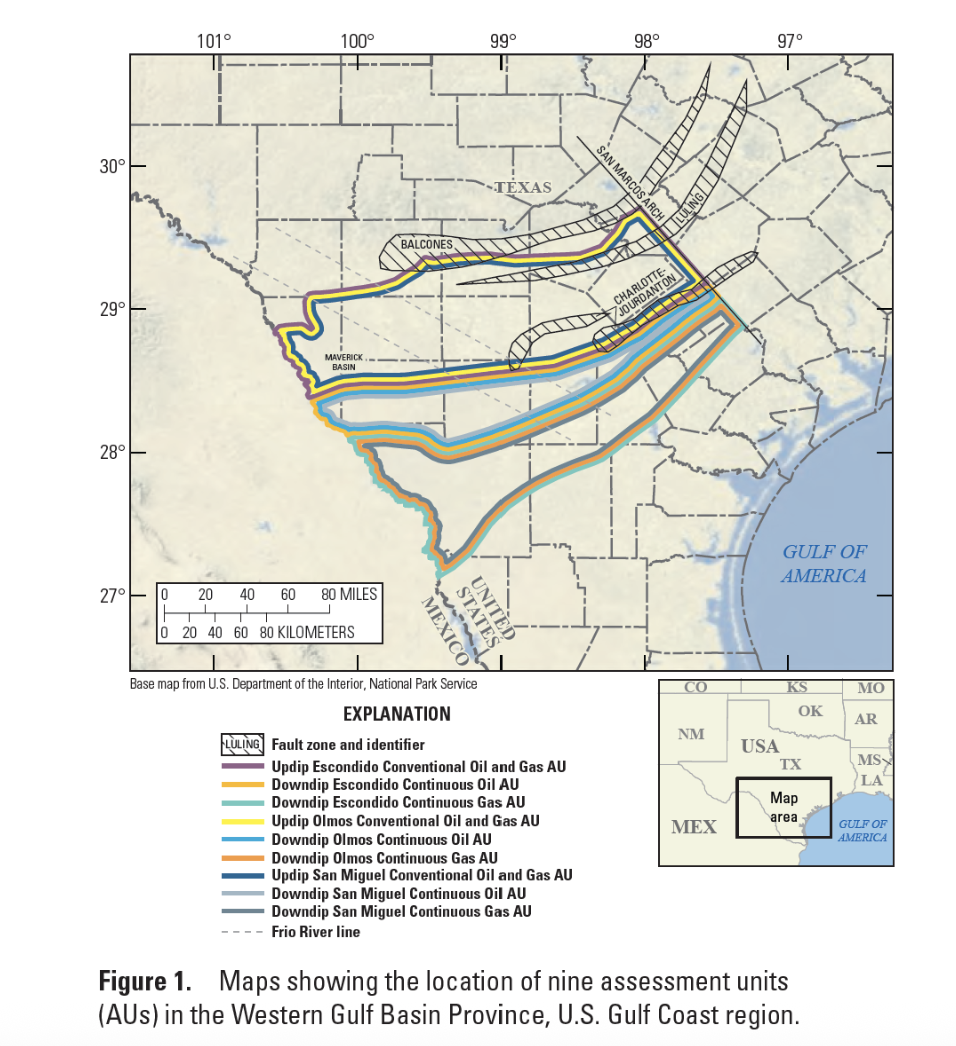 Map of the Western Gulf Basin Province in Texas, showing three formations with oil and gas assessment units, bordered by Mexico and the Gulf of America.