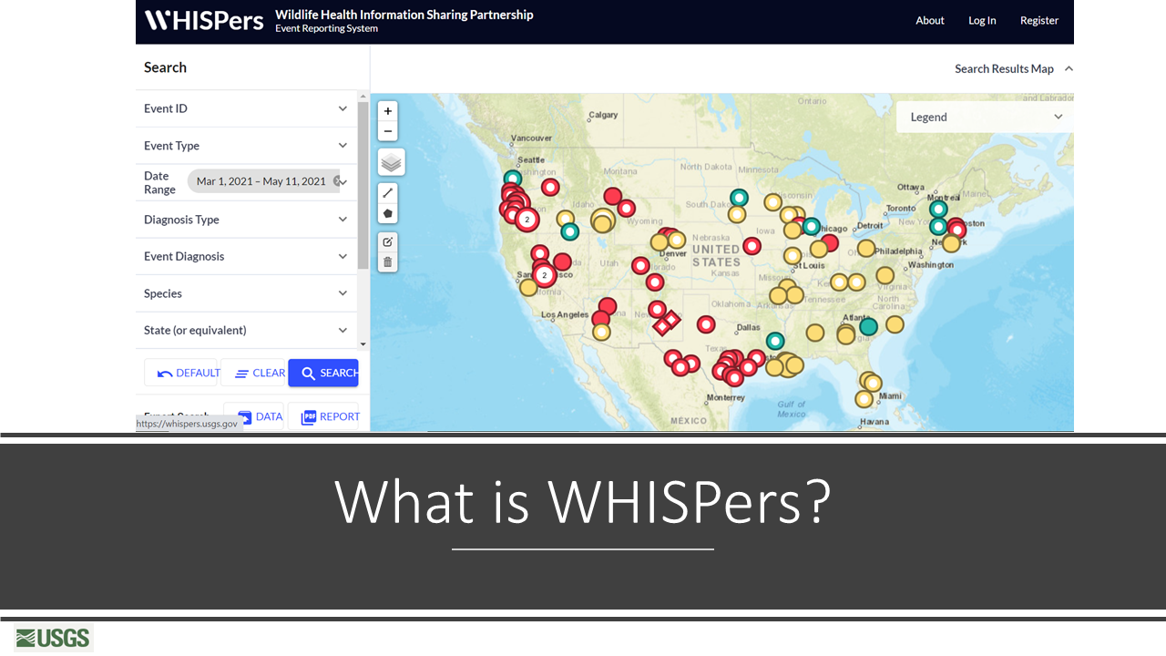 A screenshot of the title slide of a powerpoint presentation on WHISPers. Screen shows WHISPers homepage with data on a map.