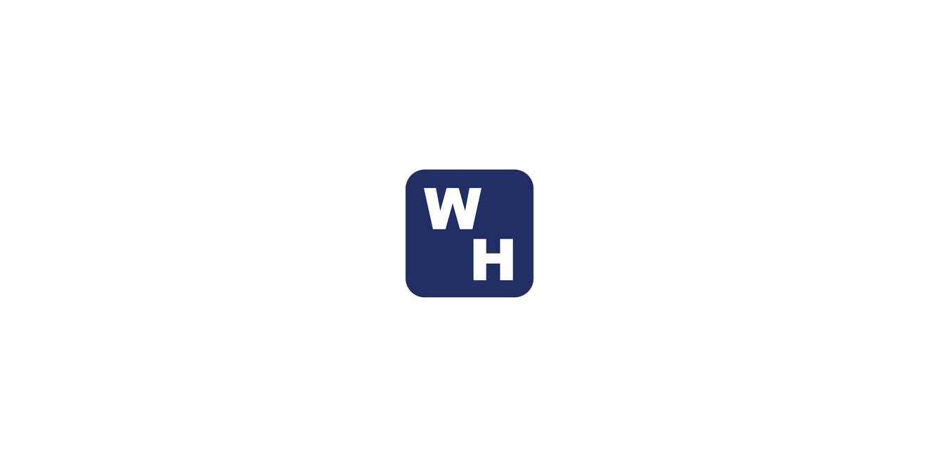 Dark blue, rounded square symbol with the letters "W" and "H" diagonally placed in a white font.