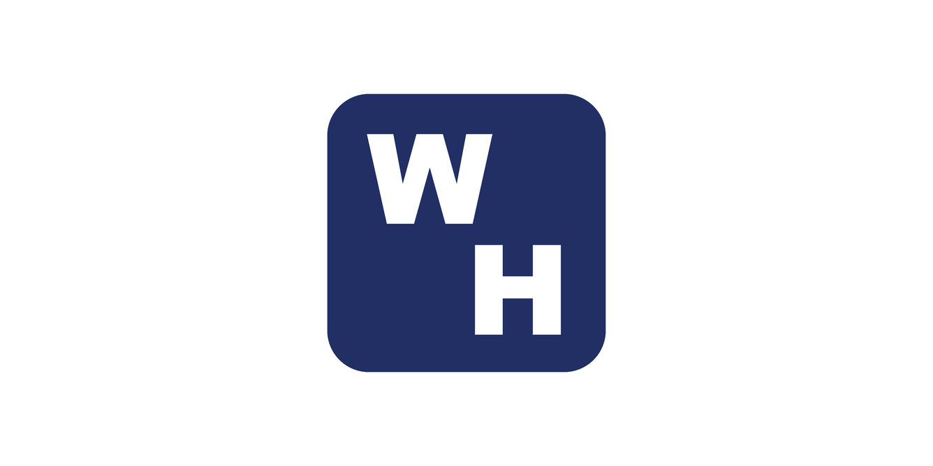 Dark blue, rounded square symbol with the letters "W" and "H" diagonally placed in a white font.